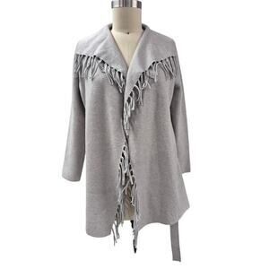 Nicole Miller New York Rayon Blend Gray Long Cardigan Belted Fringe Sz L